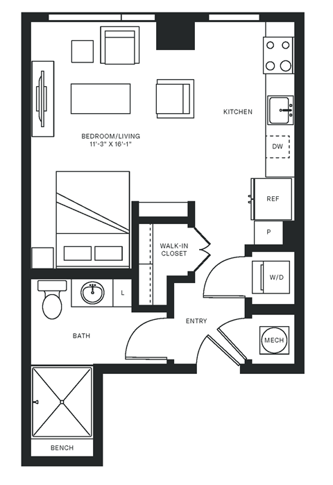 Floor plan for studio, 1 bath, 510 sqft